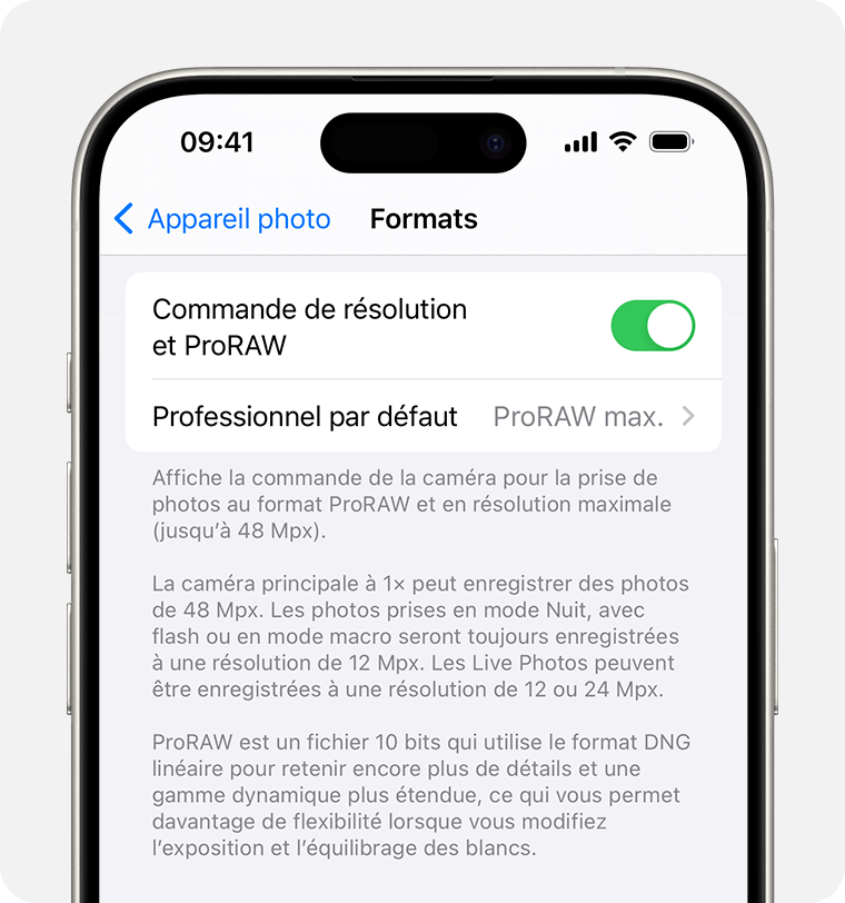 Sous iOS 17, vous pouvez régler votre Résolution ProRAW sur 12 Mpx ou 48 Mpx.
