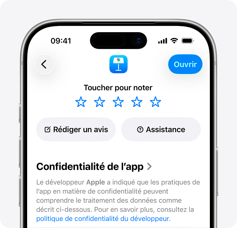 Sur un iPhone, la page de description de l’app Keynote est affichée. Dans la partie supérieure, la page affiche cinq étoiles que vous pouvez utiliser pour évaluer l’app, un bouton pour rédiger un avis et un bouton d’Assistance.