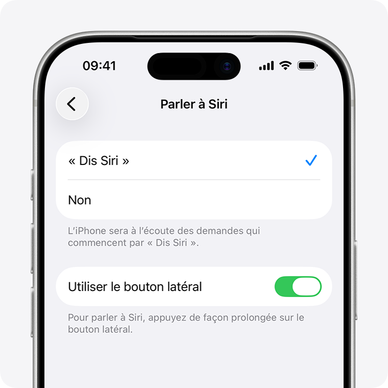 La sous-fenêtre Parler et écrire à Siri sur laquelle « Siri » ou « Dis Siri » est sélectionné et les options Utiliser le bouton latéral et Écrire à Siri sont activées.