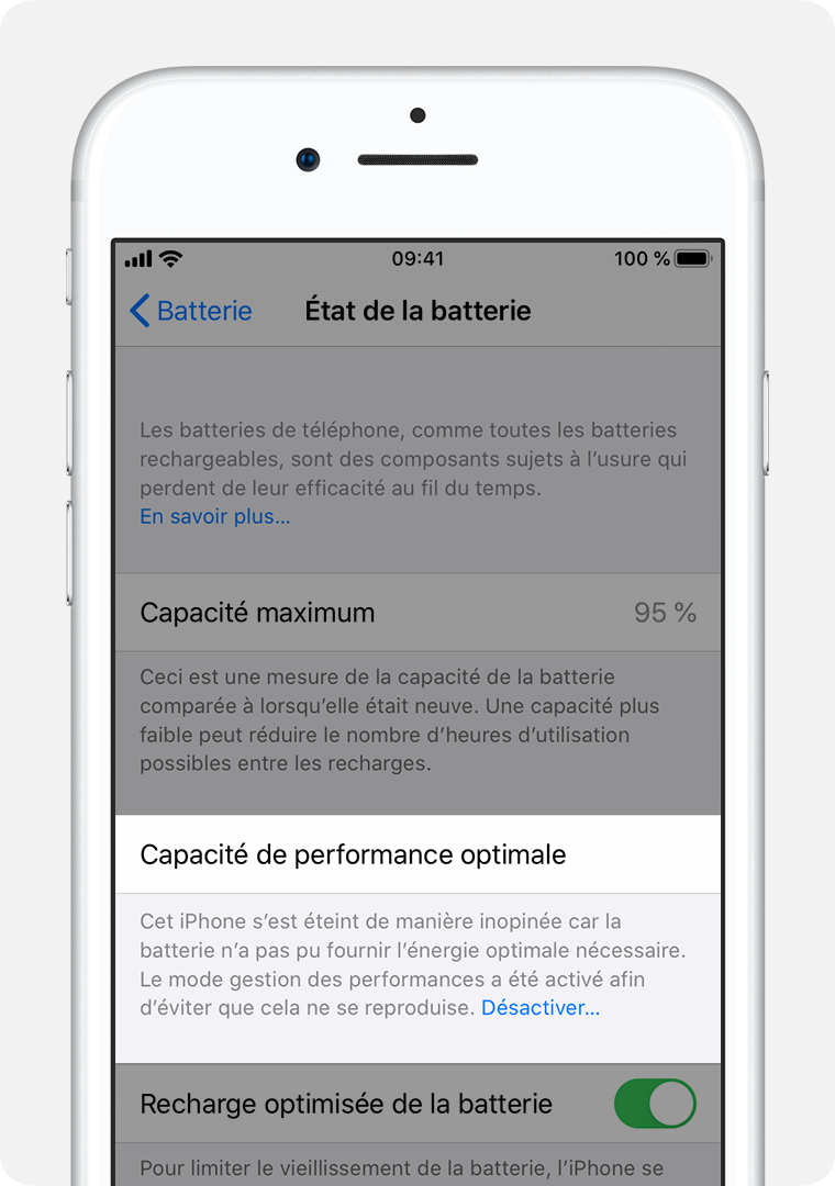 L’écran État de santé de la batterie, avec la section Capacité de performance optimale mise en évidence.