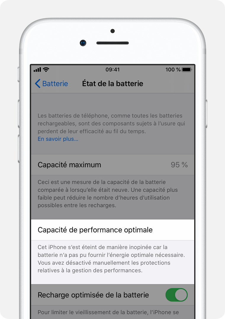 L’écran État de santé de la batterie, avec la section Capacité de performance optimale mise en évidence.