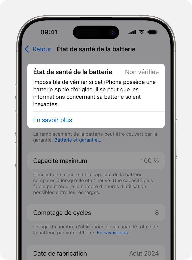 L’écran État de santé de la batterie, avec la section État de santé de la batterie mise en évidence.