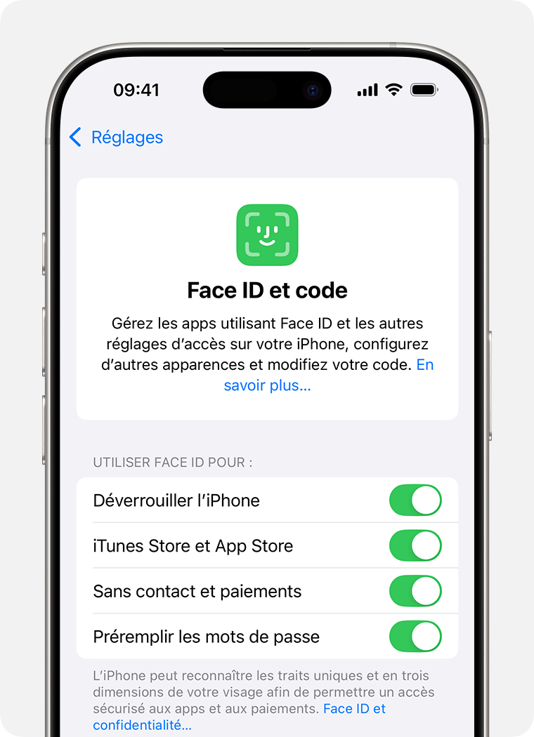 L’écran de réglages « Face ID et code » d’iOS.