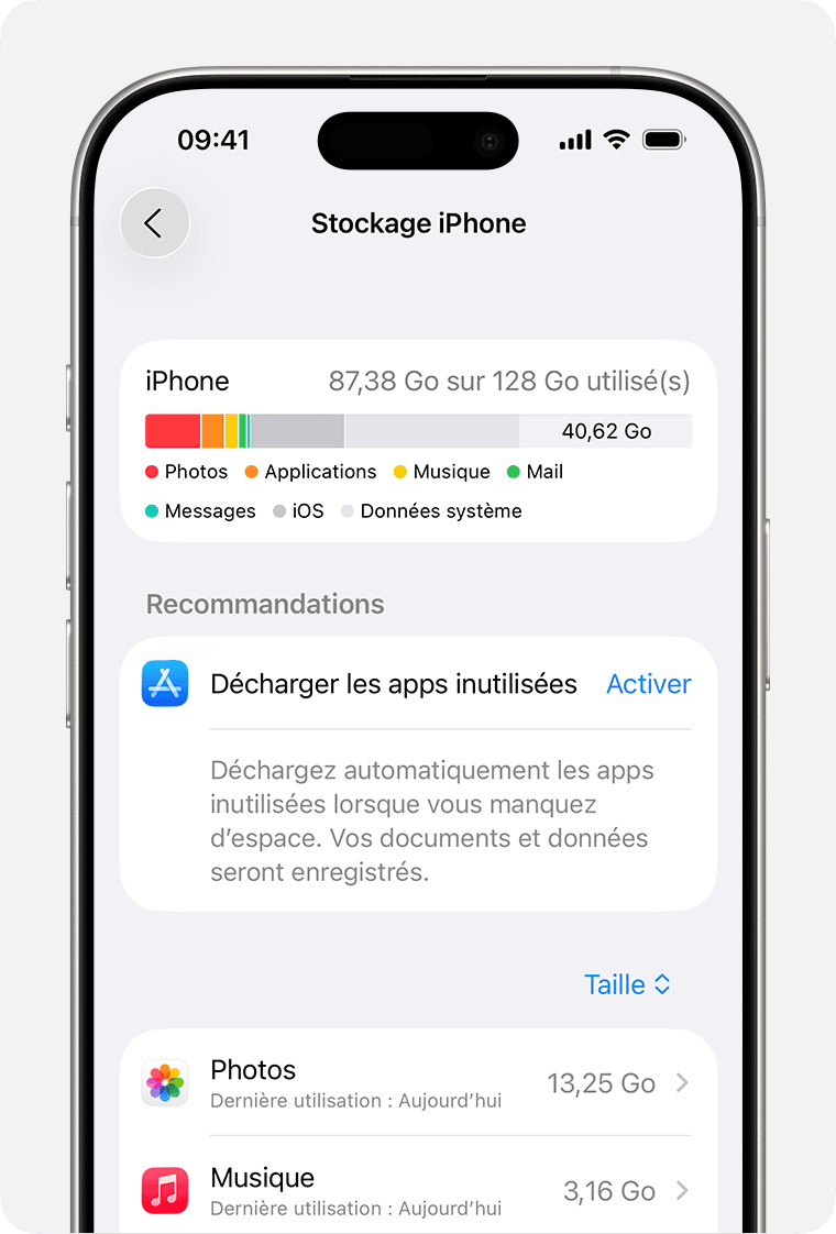 Écran d’iPhone affichant la quantité de stockage utilisée sur l’appareil.