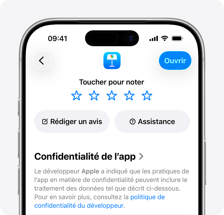 Sur un iPhone, la page de description de l’app Keynote s’affiche. En haut de la page, vous voyez 5 étoiles permettant d’évaluer l’app, un bouton pour écrire un avis, ainsi qu’un bouton Assistance.