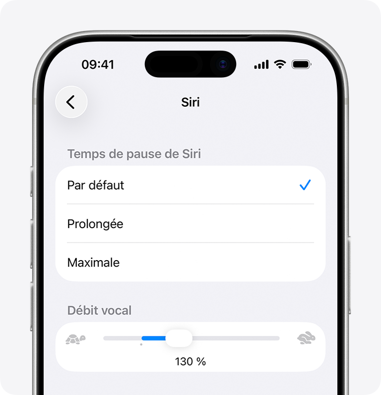 Curseur Débit vocal montrant un débit de 130 %
