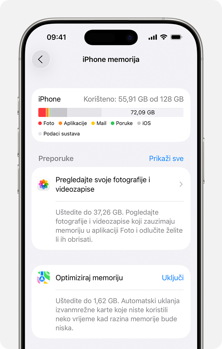 Preporuke za memoriju u aplikaciji Postavke na iPhoneu.