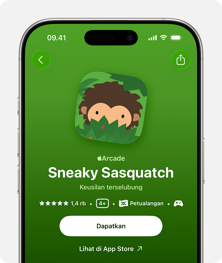 Sebuah game ditampilkan di app Apple Games. Tombol Dapatkan juga ditampilkan.