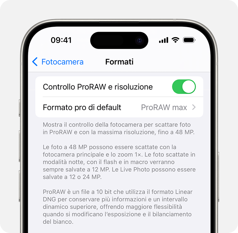 In iOS 17, puoi impostare la risoluzione ProRAW su 12 MP o 48 MP.