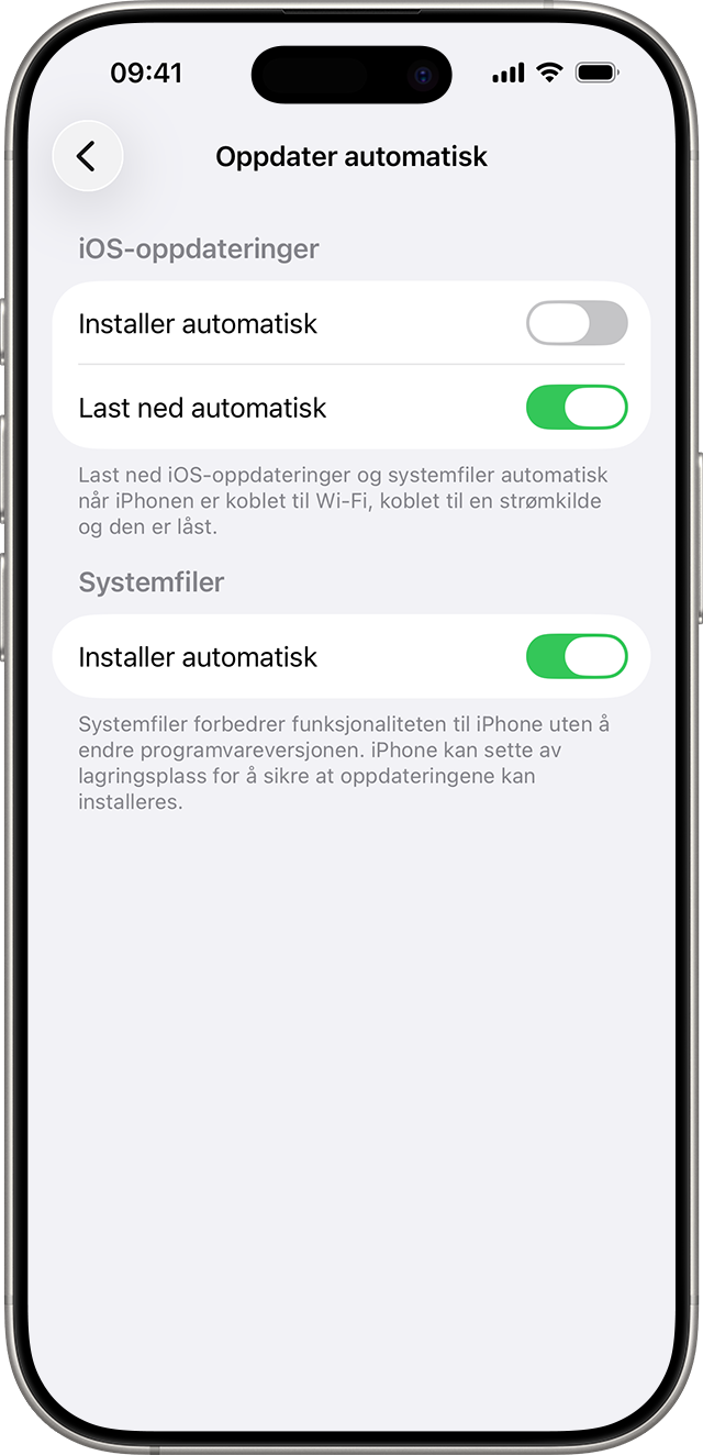 Kontroller for automatisk installasjon og nedlasting av iOS-oppdateringer og systemfiler.