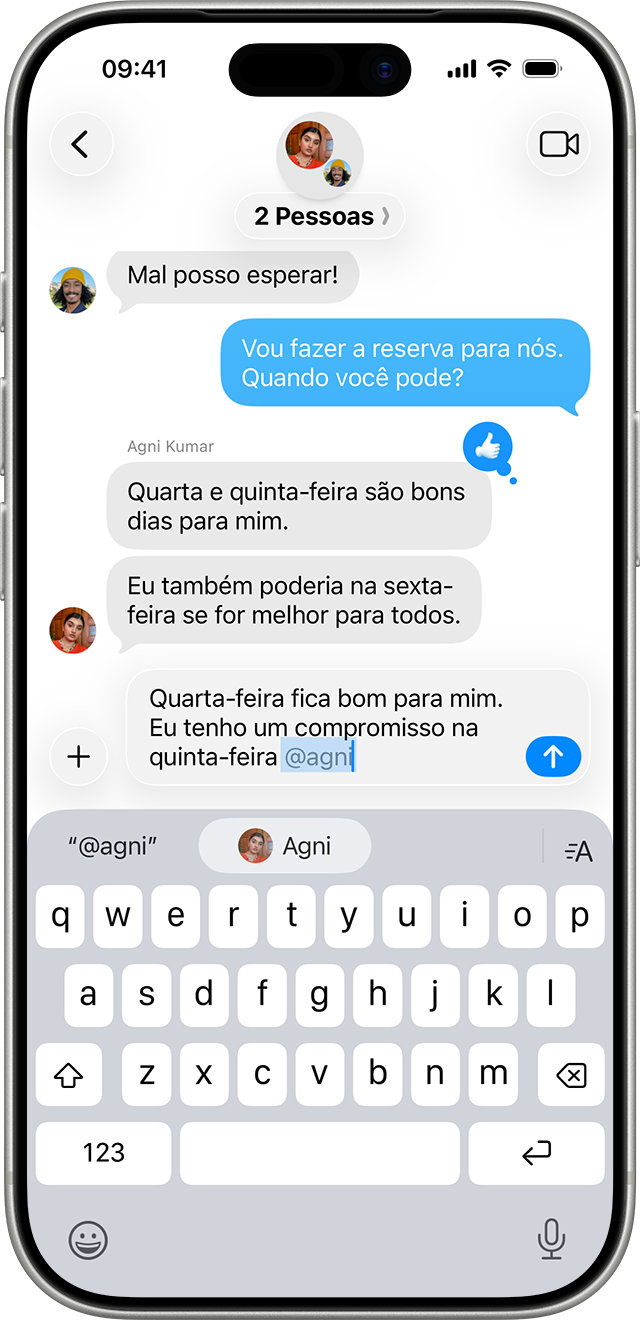 iPhone exibindo como adicionar uma menção em uma mensagem de texto