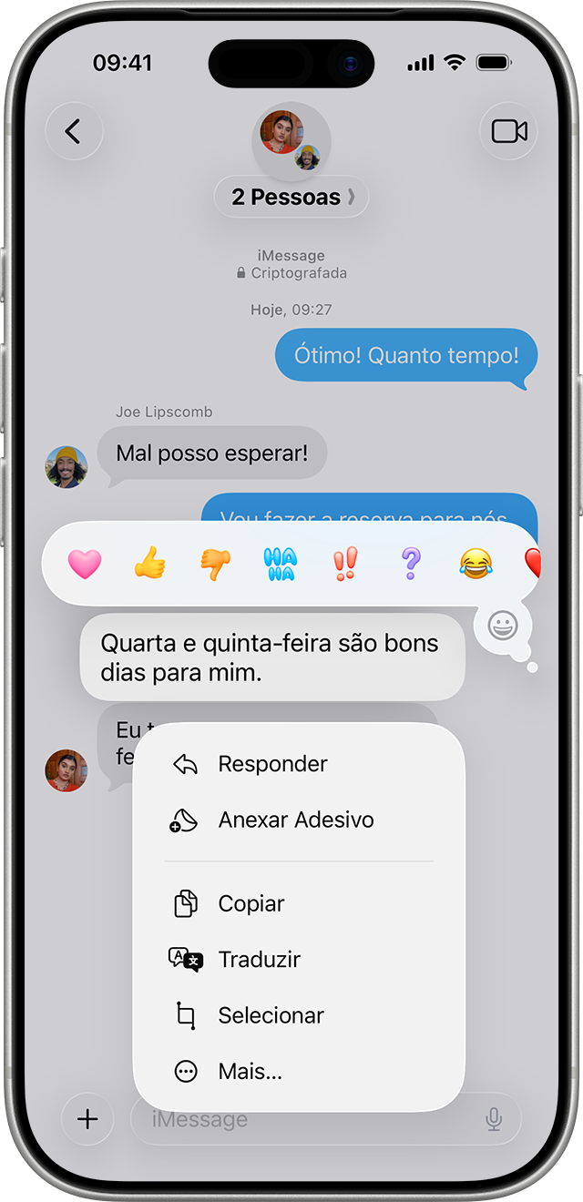 iPhone exibindo o menu de resposta direta depois que você mantém pressionado um balão de mensagem para enviar uma resposta direta