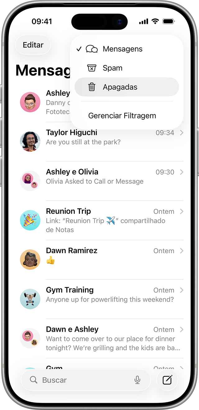 Na página de conversas no app Mensagens, toque em Editar para encontrar a opção de mostrar mensagens apagadas recentemente.