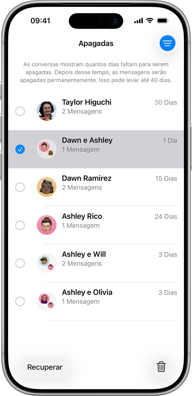 Na página Apagadas no app Mensagens, toque na conversa que inclui as mensagens que deseja recuperar.