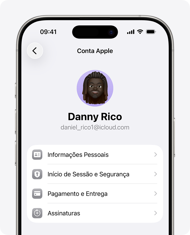 Ajustes da Conta Apple no app Ajustes do iPhone.