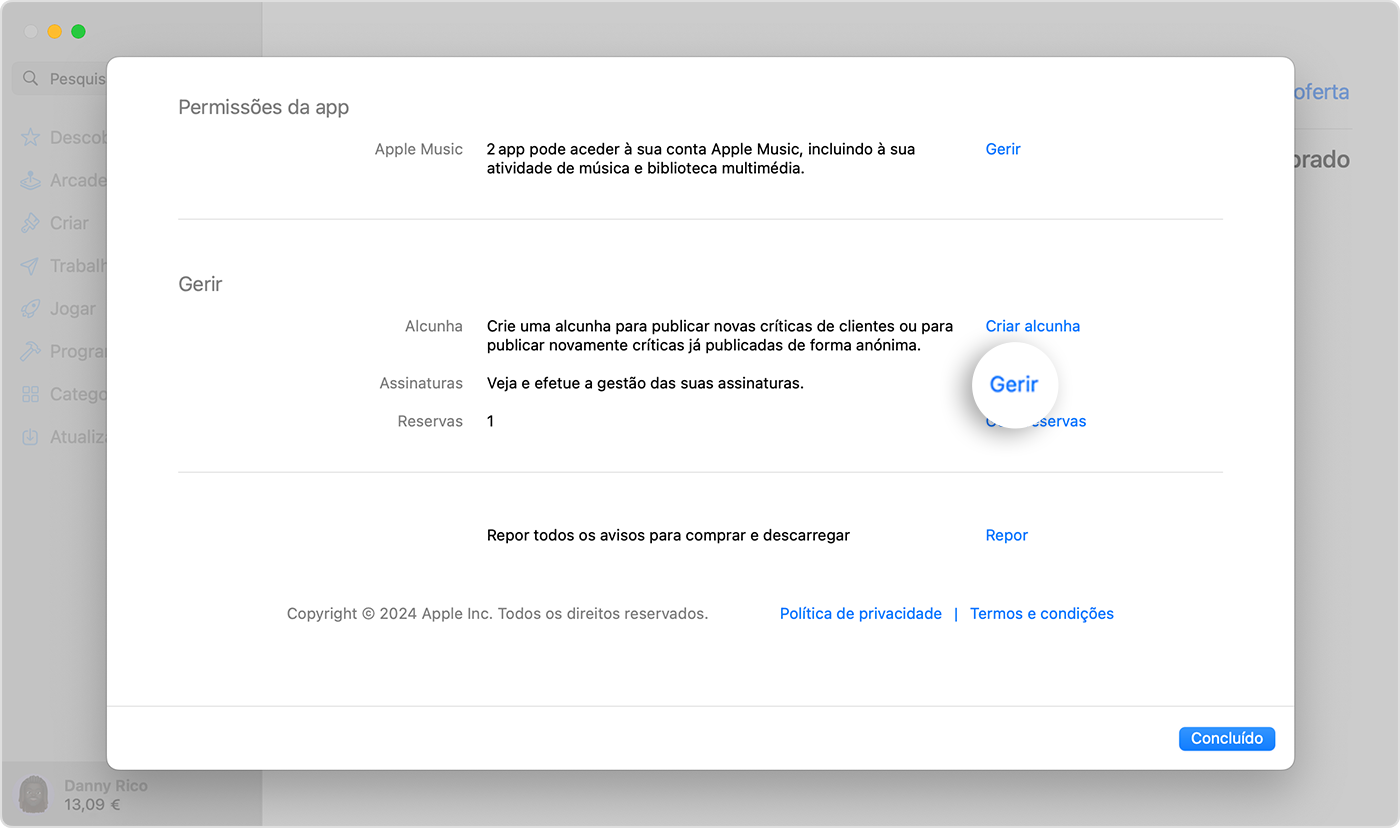Um ecrã do macOS a mostrar as definições de Gerir para assinaturas na App Store. Para gerir as assinaturas, clique em Gerir.