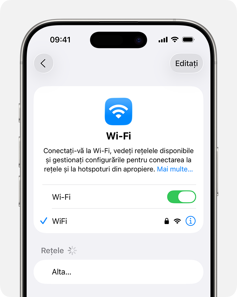 Un iPhone pe care sunt afișate configurările Wi-Fi cu Wi-Fi activat și o bifă albastră lângă Wi-Fi Secure.