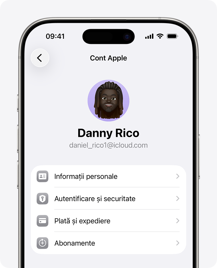 Configurările contului Apple în aplicația Configurări de pe iPhone.