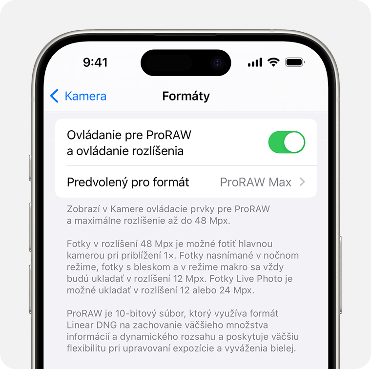 V systéme iOS 17 môžete rozlíšenie ProRAW nastaviť na 12 Mpx alebo 48 Mpx.