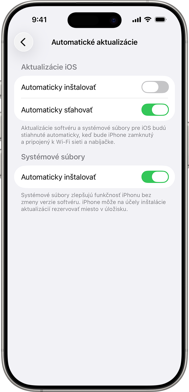 Ovládacie prvky pre automatickú inštaláciu a sťahovanie aktualizácií a systémových súborov systému iOS.