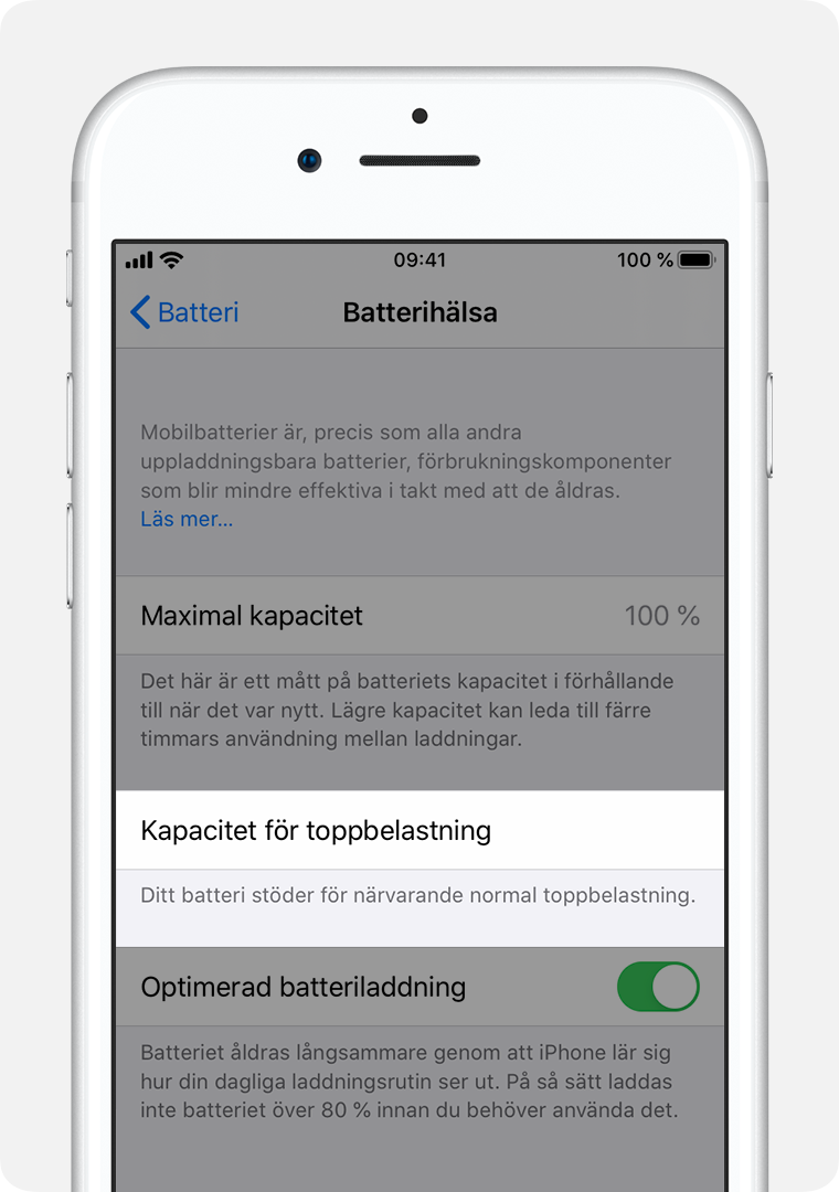 Skärmen Batterihälsa med Kapacitet för toppbelastning markerat.