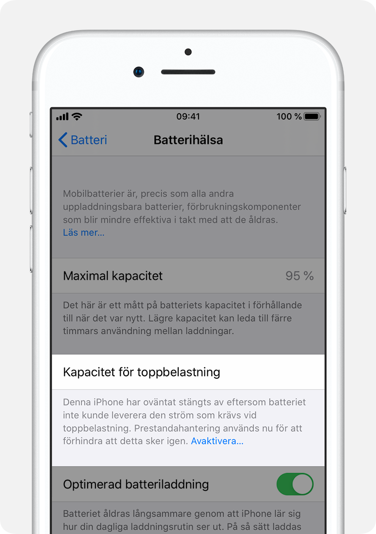 Skärmen Batterihälsa med Kapacitet för toppbelastning markerat.