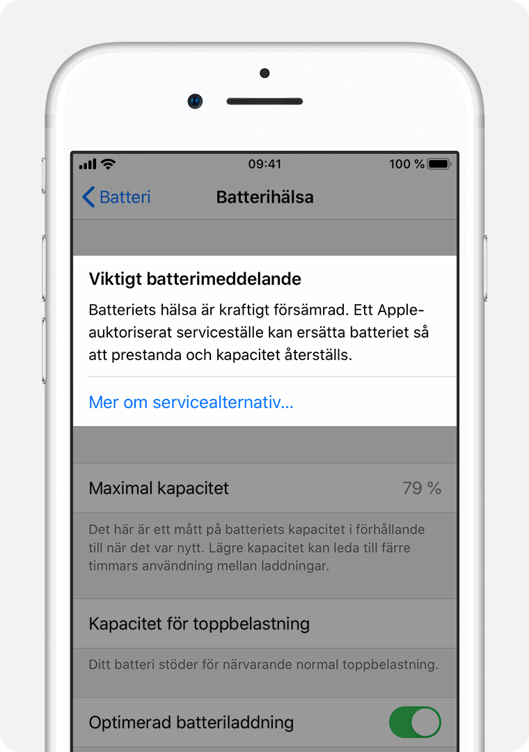 Skärmen Batterihälsa, med Viktigt batterimeddelande markerat.