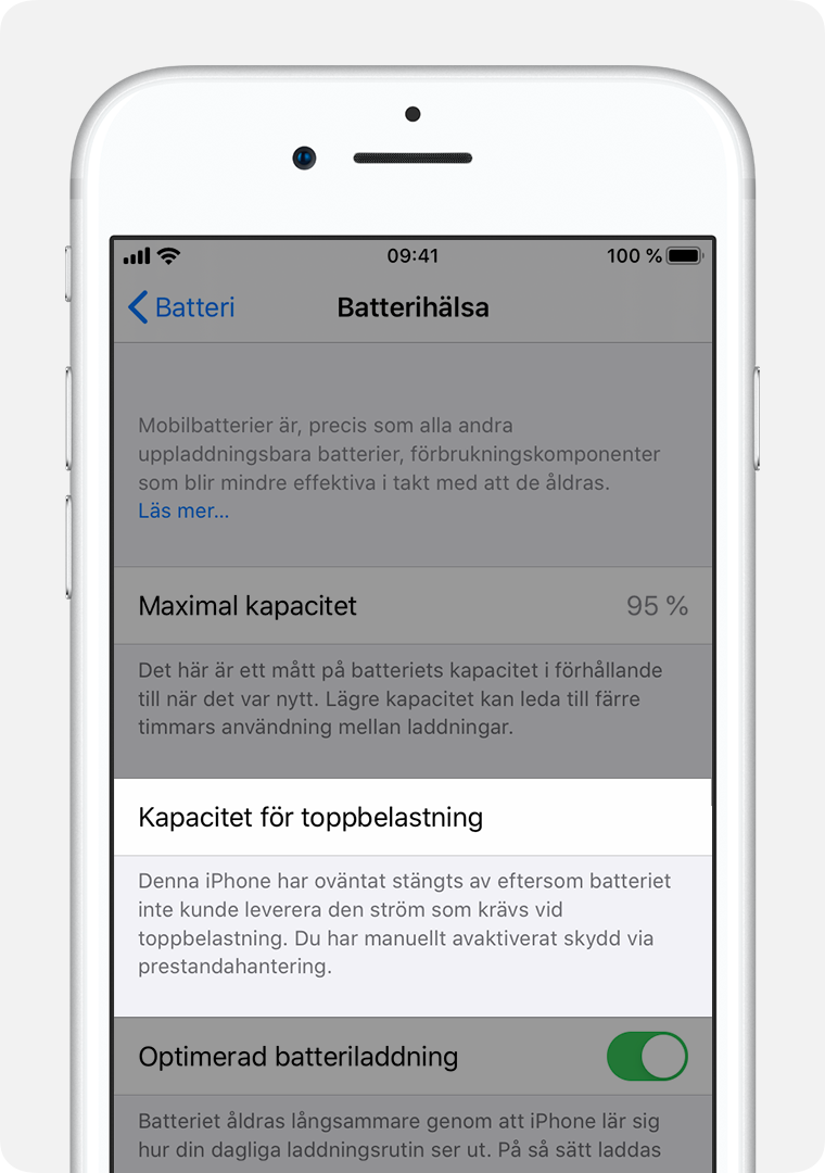 Skärmen Batterihälsa med Kapacitet för toppbelastning markerat.