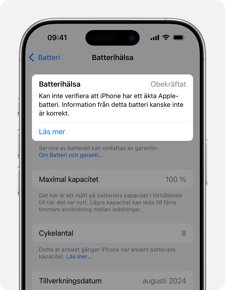 Skärmen Batterihälsa, med avsnittet Batterihälsa markerat.