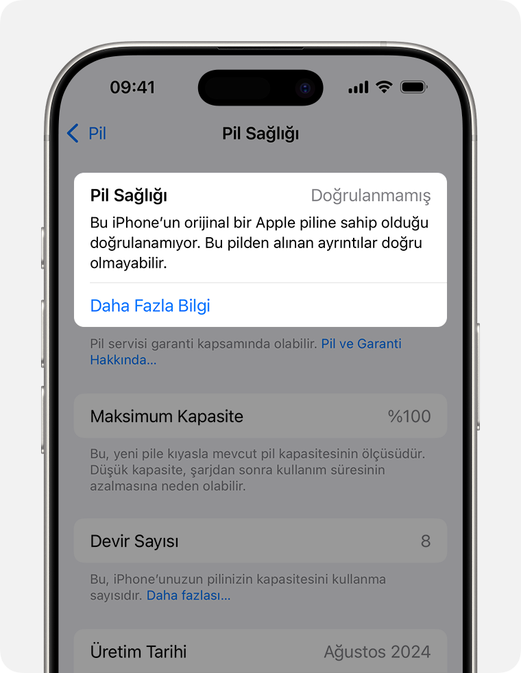 Pil Sağlığı bölümünün vurgulandığı Pil Sağlığı ekranı.