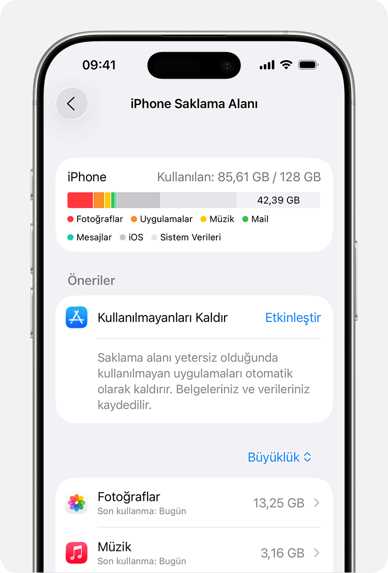 Kullandığınız aygıt saklama alanını gösteren iPhone ekranı.