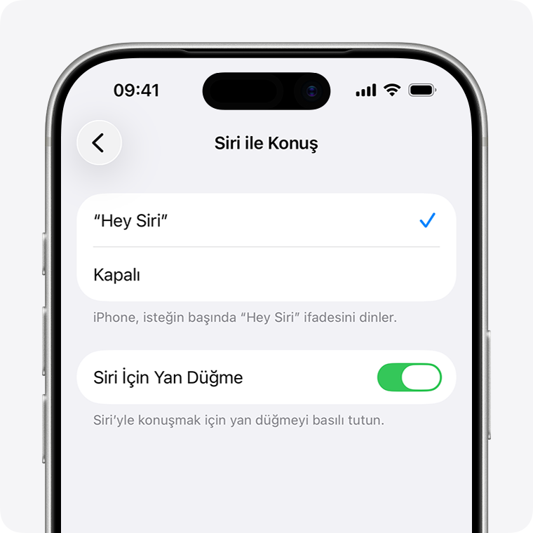 Siri ile Konuş ve Siri'ye Yaz panelinde "Siri" veya "Hey Siri" seçilmiş ve Siri İçin Yan Düğme ve Siri'ye Yaz seçenekleri açık.