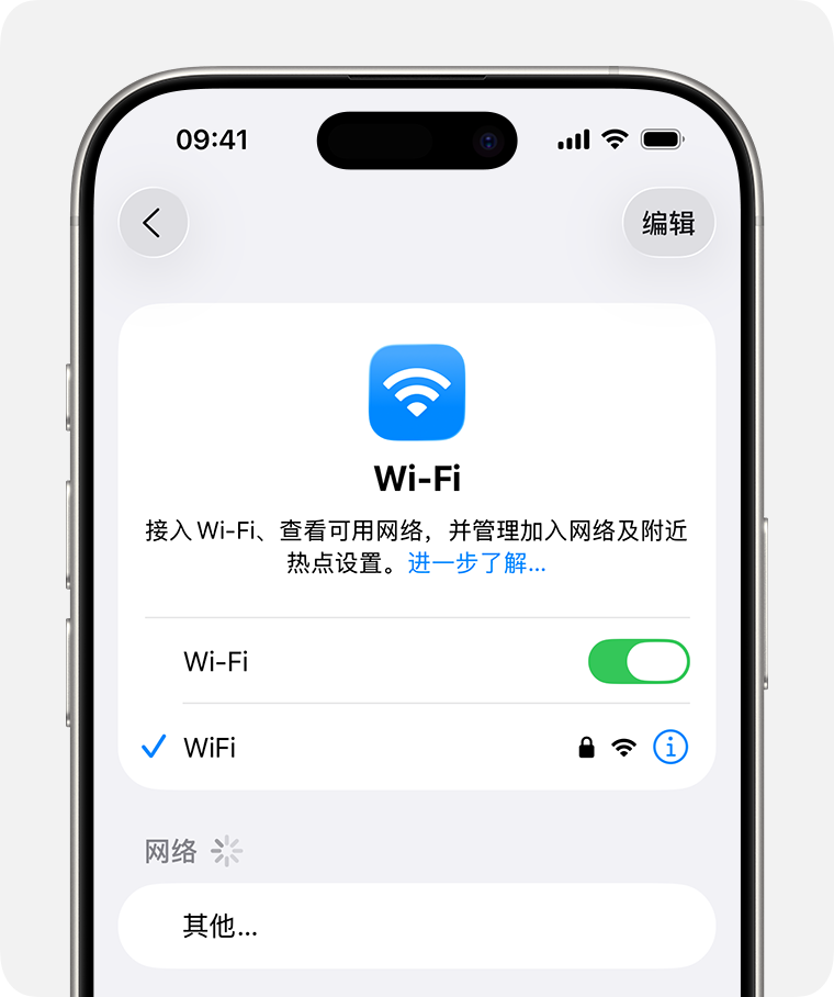 iPhone 显示启用了“无线局域网”的“无线局域网”设置,“Wi-Fi Secure”旁边显示蓝色勾号。