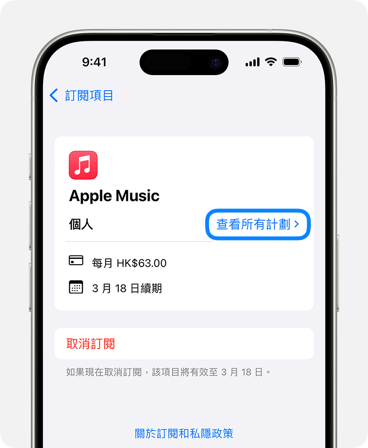 iPhone 15 Pro 顯示「訂閱項目」畫面。如要查看某項訂閱可用的計劃,請點一下「查看所有計劃」。