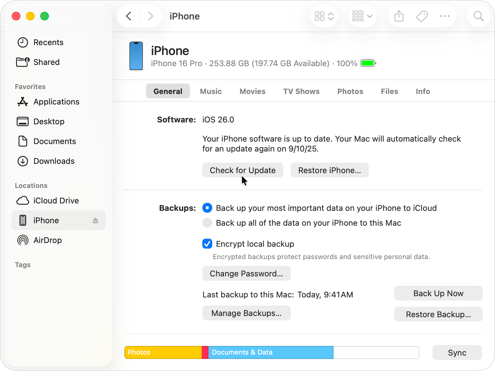 Cursor hovering over the “Check for Update” button in the Finder.
