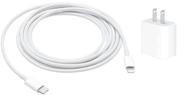Un cable con conector Lightning a USB y un adaptador de pared USB-C.