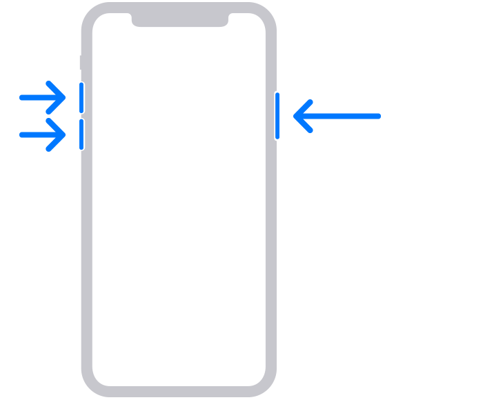 Animation showing the sequence of pressing the volume up, volume down, and then the side button on an iPhone to enter recovery mode.