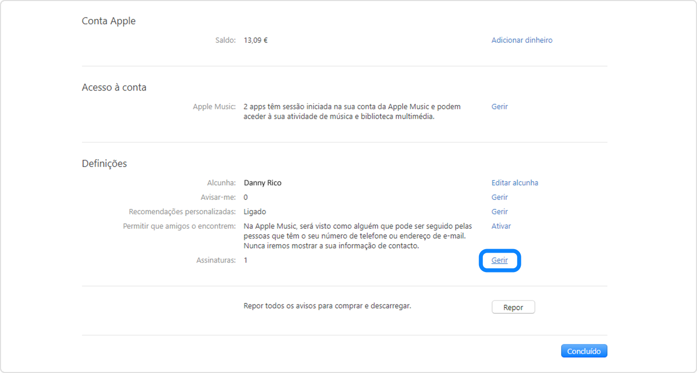 O SO Windows a mostrar o ecrã Definições na app Apple Music. Para gerir as assinaturas, clique em Gerir.