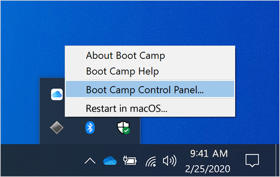 Boot Camp Control Panel in Windows 10.