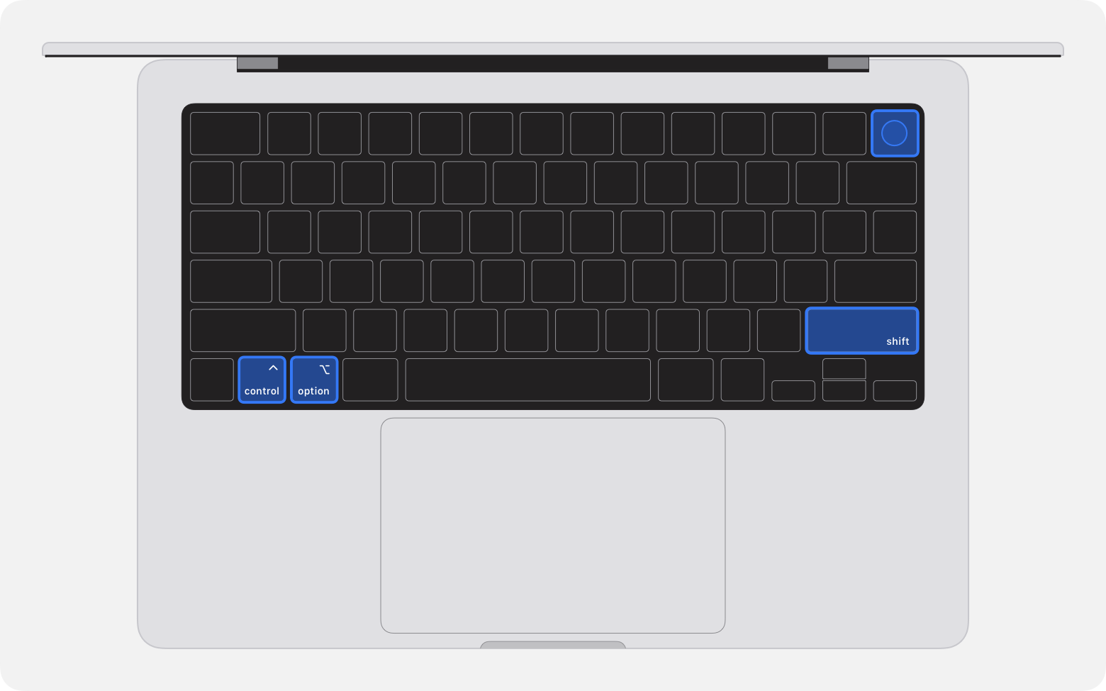 MacBook Pro keyboard with highlighted keys needed for entering DFU mode to revive or restore firmware.