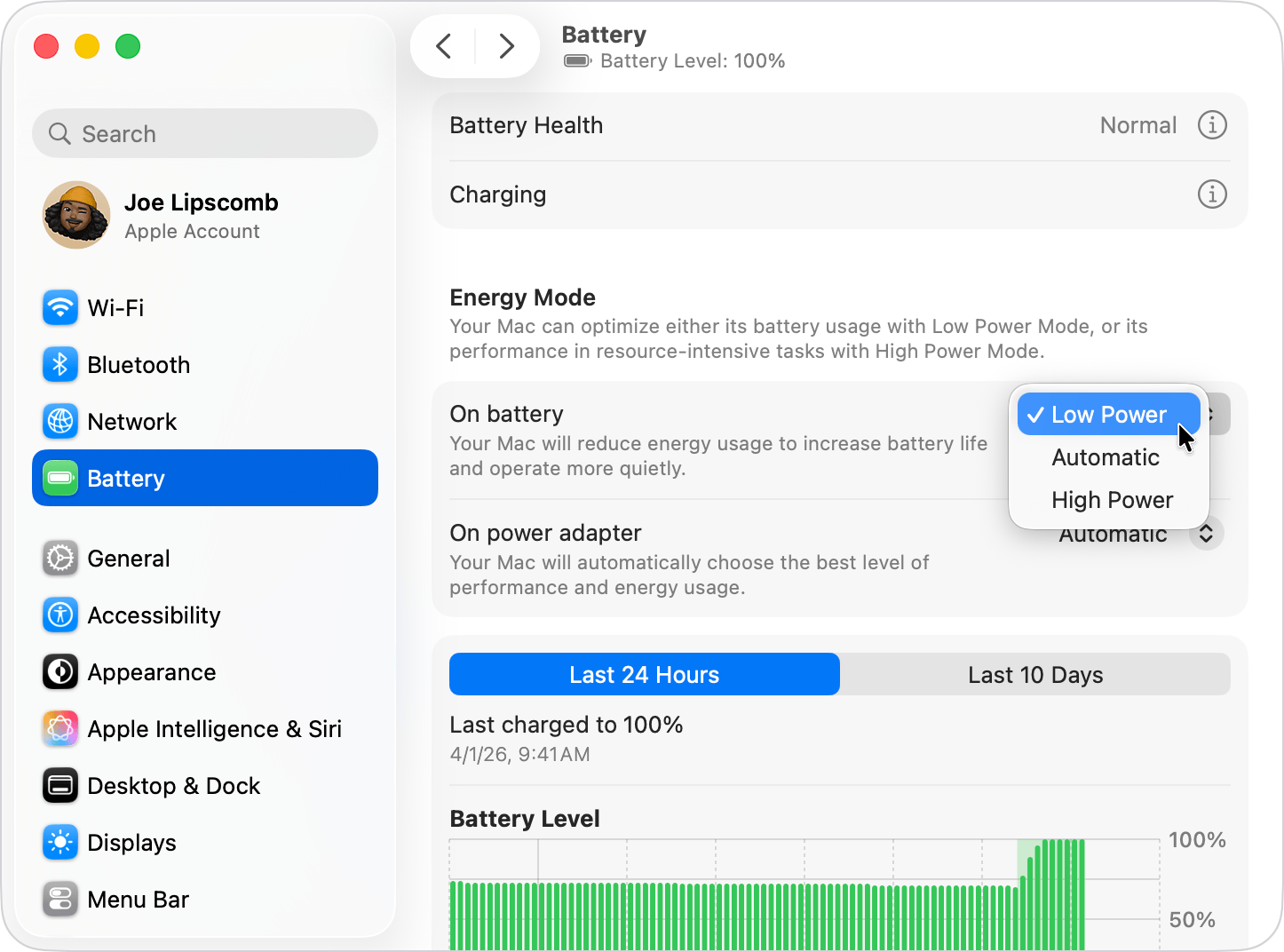 Energy Mode options in Battery settings on Mac.