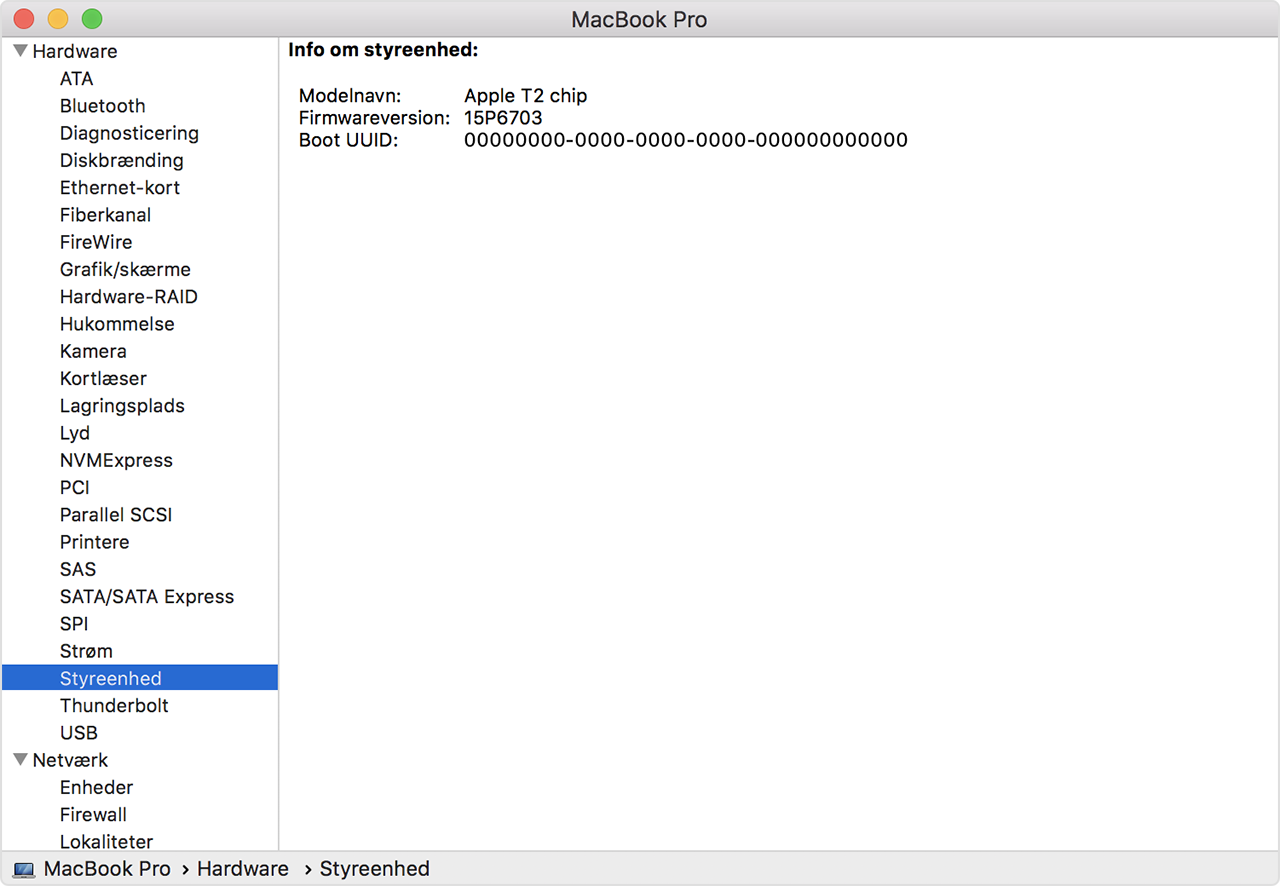 Vinduet Oplysninger om system med sektionen Controller, der bruges til at identificere Apple T2-chippen.
