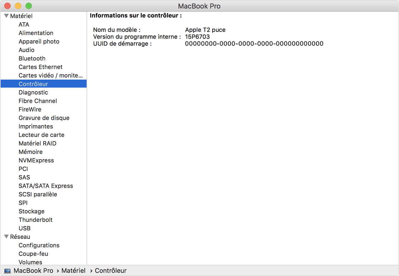 Fenêtre Informations système affichant la section Contrôleur avec les informations de la puce Apple T2.
