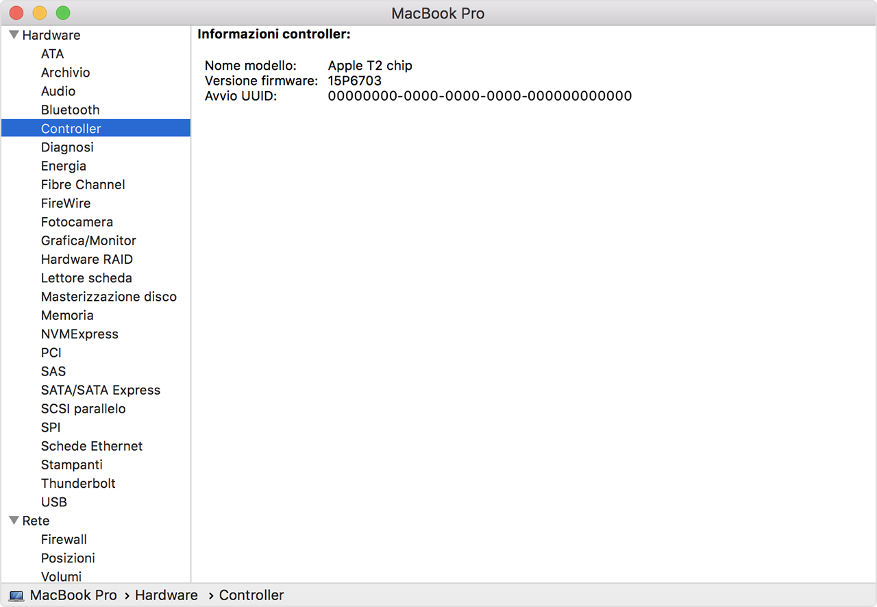 Finestra Informazioni di sistema che mostra la sezione Controller, utilizzata per identificare il chip Apple T2.