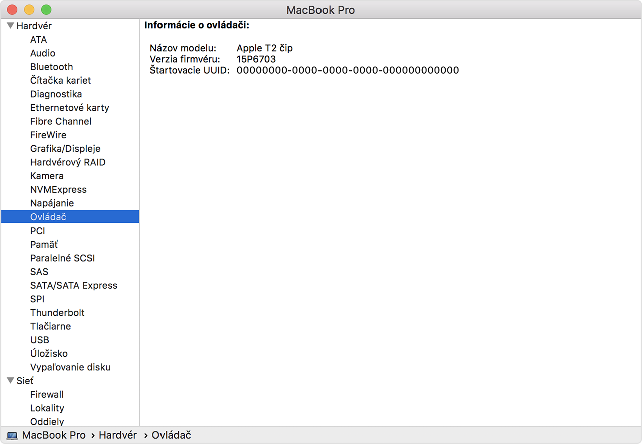 Okno Informácie o systéme so zobrazenou sekciou Radič, ktorá slúži na identifikáciu čipu Apple T2.