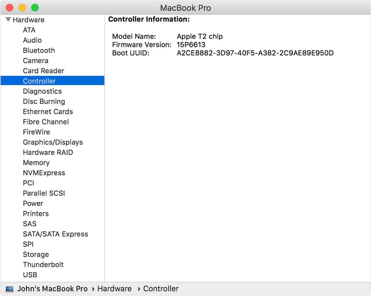 System Information window showing the Controller section, used to identify the Apple T2 chip.