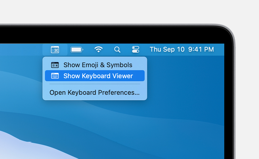 Screenshot of macOS menu bar showing the "Input Sources" menu open with the "Show Keyboard Viewer" option highlighted, used to enable the onscreen keyboard function.