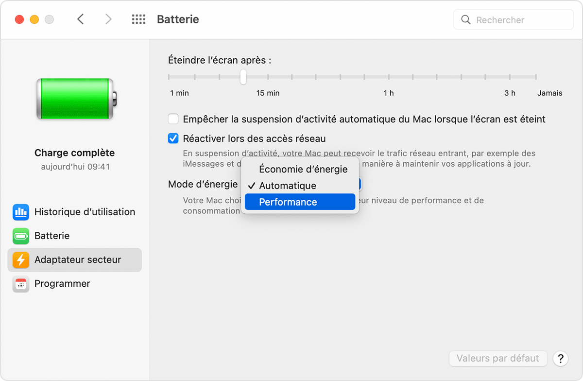 Changement du mode d’énergie dans Préférences Système sur Mac.