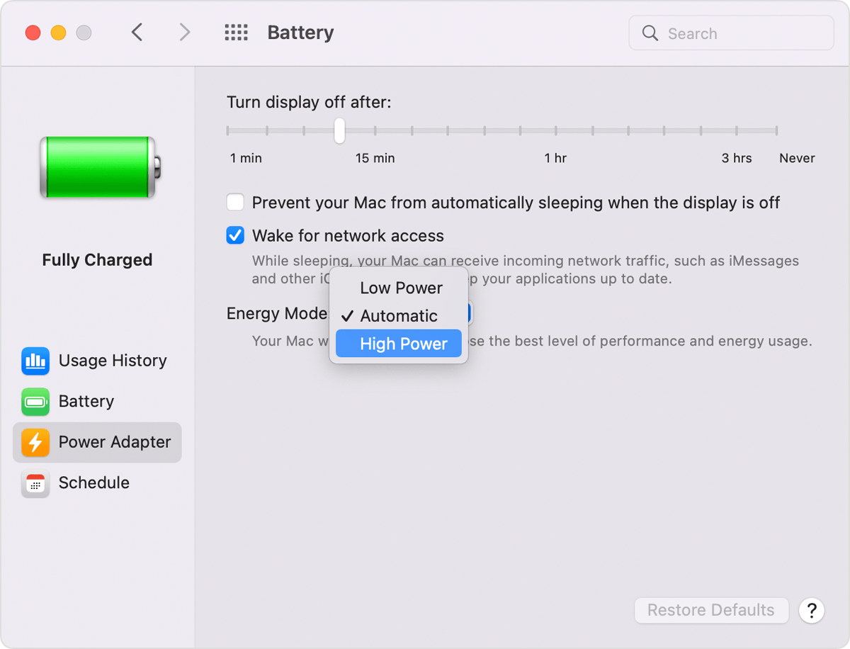 Switching energy modes in System Preferences on Mac.
