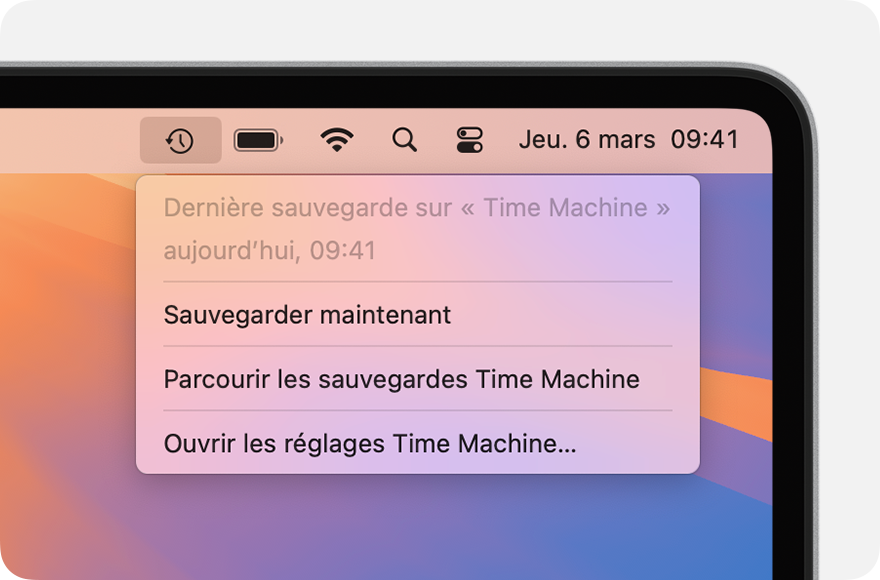 Menu Time Machine affichant des informations sur la dernière sauvegarde.